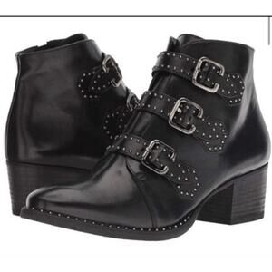 Paul Green Soho Ankle Boots Women 7 Black Leather‎ Studded Buckles Rock & Roll